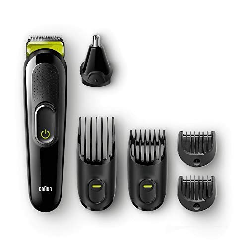 Braun MGK3021 - Máquina Recortadora 6 en 1, Recortadora Barba y Cortapelos, Recortador Vello de Nariz y Orejas, Cuchilla Larga Duración, color Negro/Verde