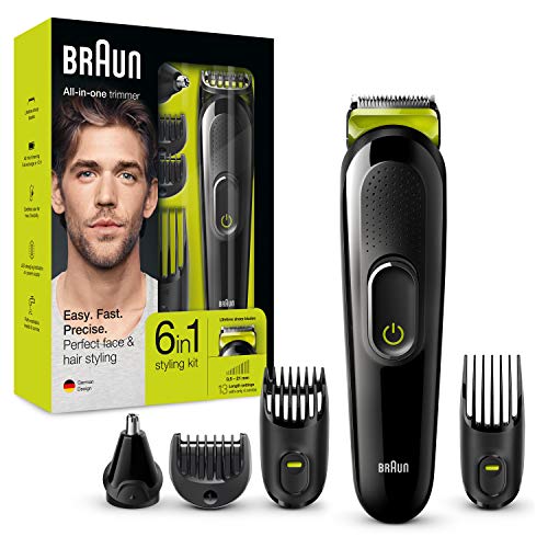 Braun MGK3021 - Máquina Recortadora 6 en 1, Recortadora Barba y Cortapelos, Recortador Vello de Nariz y Orejas, Cuchilla Larga Duración, color Negro/Verde