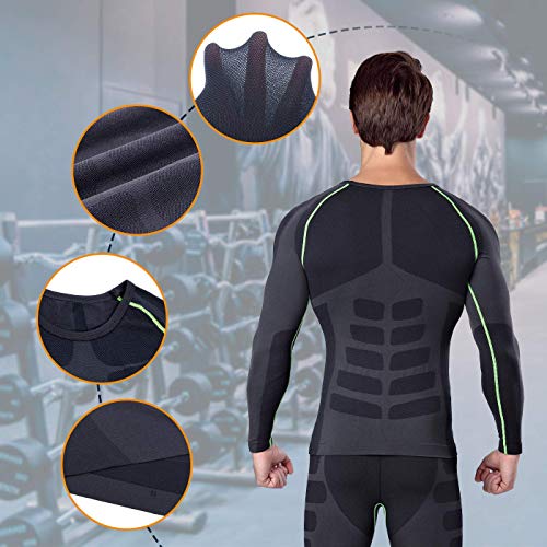 Bwiv Camiseta Hombre Deportiva Compresión Camiseta Interior Hombre Manga Larga Fitness Gimnasio Aire Libre para Entrenamiento Ciclismo de Negro Gris Línea Verde Talla M