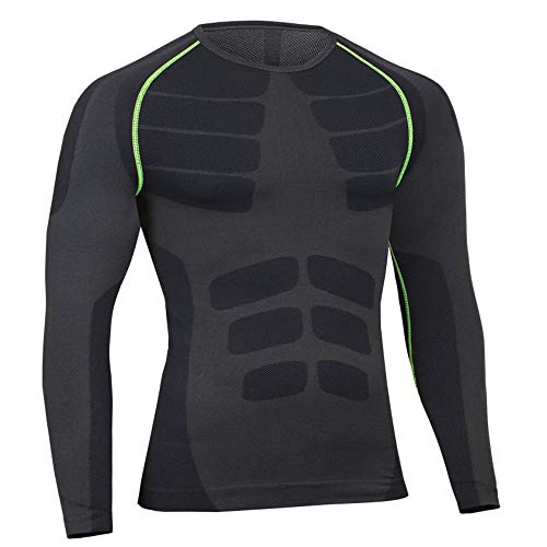 Bwiv Camiseta Hombre Deportiva Compresión Camiseta Interior Hombre Manga Larga Fitness Gimnasio Aire Libre para Entrenamiento Ciclismo de Negro Gris Línea Verde Talla M