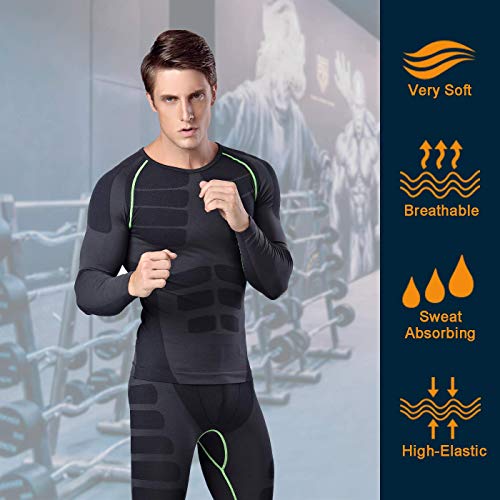 Bwiv Camiseta Hombre Deportiva Compresión Camiseta Interior Hombre Manga Larga Fitness Gimnasio Aire Libre para Entrenamiento Ciclismo de Negro Gris Línea Verde Talla M