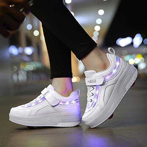 Charmstep Unisex Niños Led Luz Zapatillas con Ruedas Automática de Skate 1 Ruedas/2 Ruedas Zapatos Patines Deportes Zapatos con USB Carga para Niños Niñas,White2,37EU