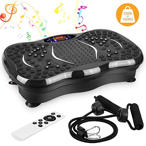 Plataforma Vibración Muscular con Mango, Silencioso, con Altavoz Bluetooth,  2 Bandas Elásticas, 120 Niveles+5 Programas de Entrenamiento, Écran