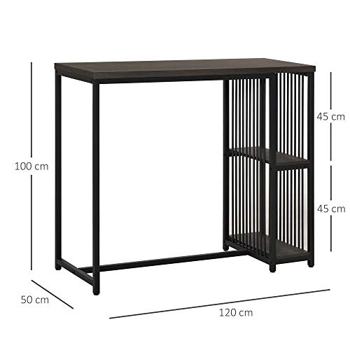 HOMCOM Mesa de Bar Bistro Mueble Auxiliar de Comedor Industrial con 2 Estantes y Dispositivo Antivuelco de Metal y Madera Carga 100 kg 120x50x100 cm Nogal