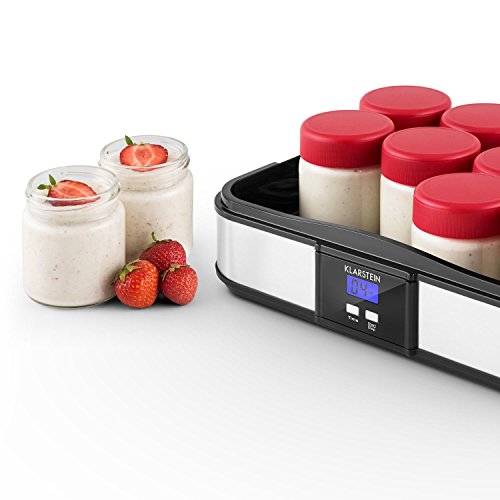 Klarstein Gaia Yogurtera (12 tarros 210 ml, volumen total 2,5 litros, temporizador, pantalla LCD, hasta 12 porciones yogur casero, máquina para preparar yogurt acero inoxidable, libre de BPA, negro