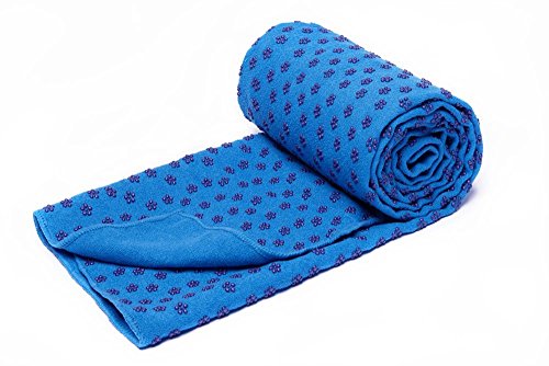 MAXYOGA Toalla para Hacer Yoga - Yoga Mat Towel - Antideslizante con Puntos de Gomas de Agarre. 61 cm x 183 cm. Ideal para Hot Yoga. (Azul)