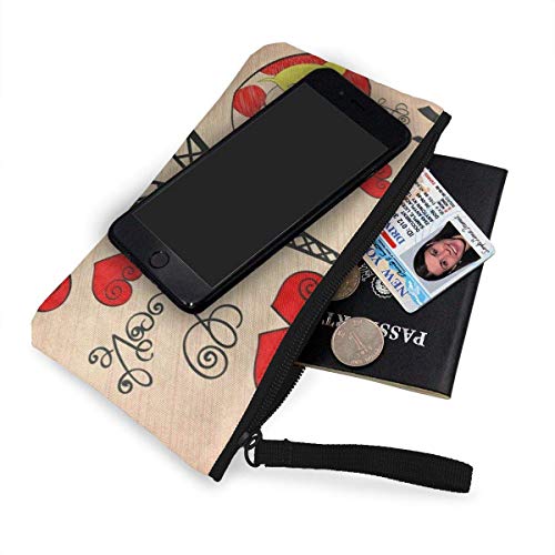 Monedero Unisex, monederos, Monedero de Lona París Torre Eiffel Corazón San Valentín Aduana Bolsa con Cremallera Billetera para Efectivo Banco Pasaporte de automóvil