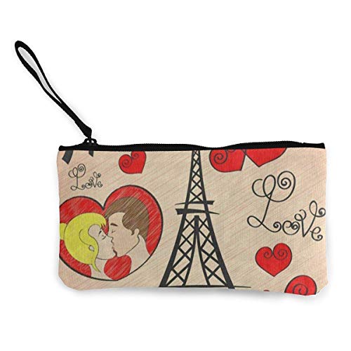 Monedero Unisex, monederos, Monedero de Lona París Torre Eiffel Corazón San Valentín Aduana Bolsa con Cremallera Billetera para Efectivo Banco Pasaporte de automóvil