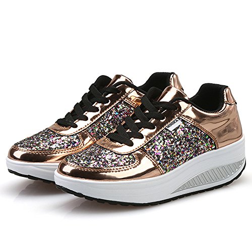 Mujer Zapatillas de Deporte Cuña Zapatos para Caminar Aptitud Plataforma Sneakers con Cordones Calzado de Tacón 4cm Oro EU 38