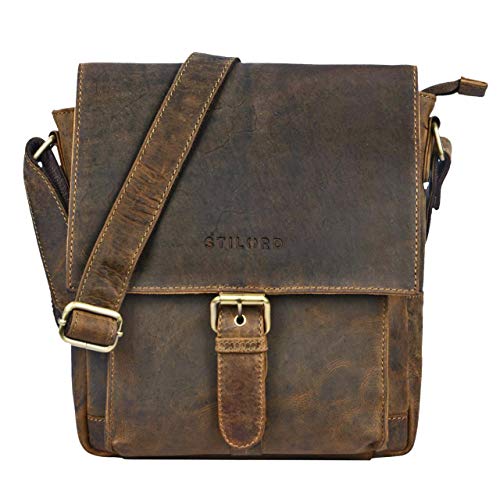 STILORD 'Nevio' Bolsa Bandolera Cuero Hombre pequeño Bolso Mensajero Caballero Bolso Ocio Salir Trabajo Bolso Piel auténtica para Tablet 10.1' iPad, Color:marrón - Medio