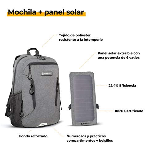 SunnyBAG Mochila Solar Explorer+ | con Panel Solar de 6W para Cargar el teléfono móvil |Mochila 15L para Universidad, Trabajo, Ocio | Compartimento para portátil de 15''