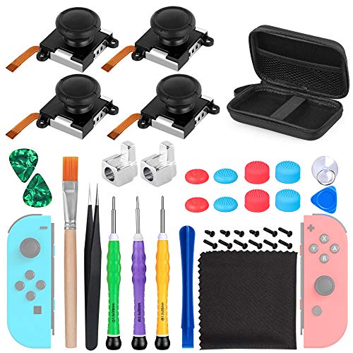 SUPERSUN 4 x Reemplazo de Joystick para Nintendo Switch Joy Con, 38 Piezas Kit de Accesorios de Reparación para Nintendo Switch, Funda para Herramientas Reparar para Nintendo Switch