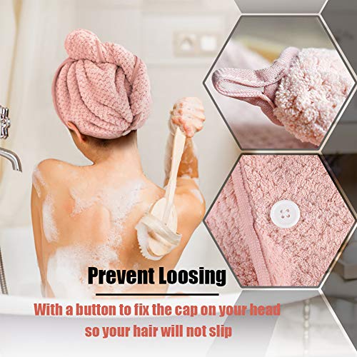 Toallas para Secar el Pelo, Toalla Turbante para el Pelo, Cabello Turbante de Secado rápido Coral Fleece con Botón del Abrigo, para en EUR Ducha, SPA, Maquillaje (Marrón,Rosado)