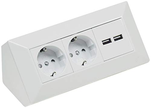 2 enchufes de Esquina para Mesa con 2 Puertos USB, 230 V, en ángulo de 45°, precableado, para Cocina o Taller, Color Blanco