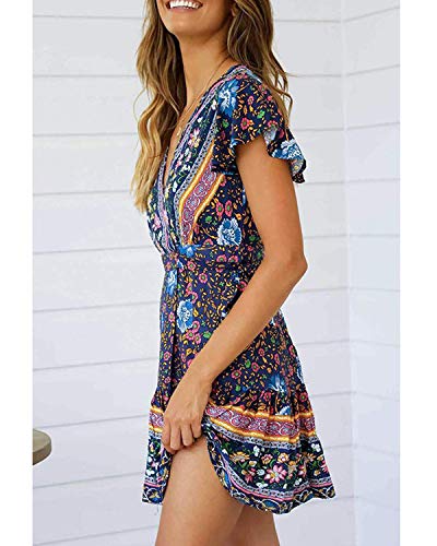 Abravo Mujer Vestido?Bohemio Corto Florales Nacional Verano Vestido Casual Magas Cortas Chic de Noche Playa Vacaciones,Azul Oscuro,M