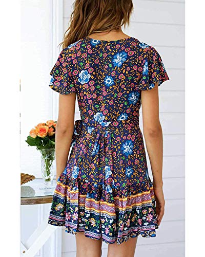 Abravo Mujer Vestido?Bohemio Corto Florales Nacional Verano Vestido Casual Magas Cortas Chic de Noche Playa Vacaciones,Azul Oscuro,M