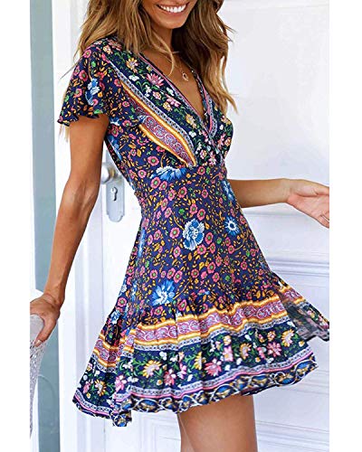 Abravo Mujer Vestido?Bohemio Corto Florales Nacional Verano Vestido Casual Magas Cortas Chic de Noche Playa Vacaciones,Azul Oscuro,M