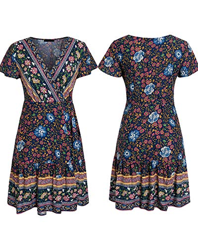 Abravo Mujer Vestido?Bohemio Corto Florales Nacional Verano Vestido Casual Magas Cortas Chic de Noche Playa Vacaciones,Azul Oscuro,M