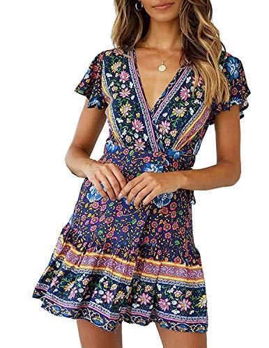 Abravo Mujer Vestido?Bohemio Corto Florales Nacional Verano Vestido Casual Magas Cortas Chic de Noche Playa Vacaciones,Azul Oscuro,M