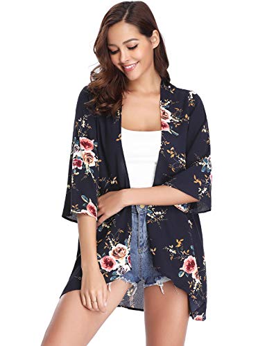 Aibrou Cárdigan Kimonos Mujer Camisolas y Pareos Pareo Playa,Cardigan Verano Manga 3/5 Tops Blusa Floral Suelta,Vacaciones Playa Chal,(Armada, S)