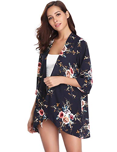 Aibrou Cárdigan Kimonos Mujer Camisolas y Pareos Pareo Playa,Cardigan Verano Manga 3/5 Tops Blusa Floral Suelta,Vacaciones Playa Chal,(Armada, S)