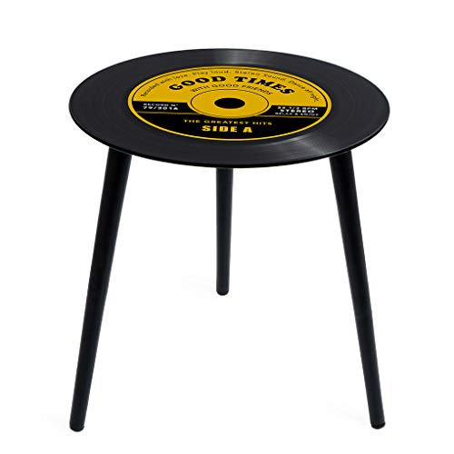 Balvi Mesa Auxiliar Greatest Hits Color Amarillo En Forma de Disco de Vinilo con Patas de Madera Cristal 40 cm