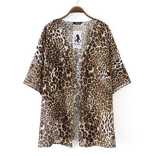 Cardigans Mujer Kimono 2019 Nuevo SHOBDW Pareos Casual Cover Up Bikini Playa de Verano Estampado de Leopardo Suelto Media Manga Chal Cardigans Mujer Tallas Grandes S-XXXL(Marrón 2,3XL)