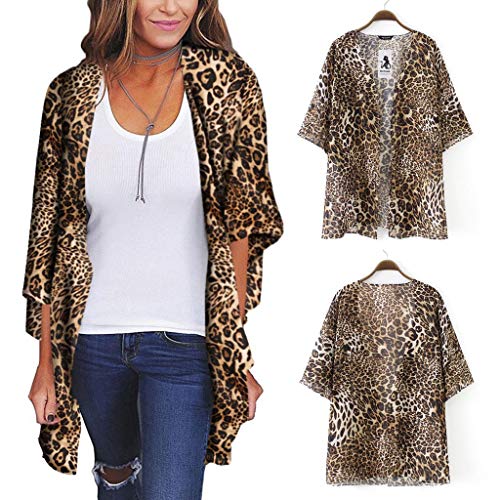 Cardigans Mujer Kimono 2019 Nuevo SHOBDW Pareos Casual Cover Up Bikini Playa de Verano Estampado de Leopardo Suelto Media Manga Chal Cardigans Mujer Tallas Grandes S-XXXL(Marrón 2,3XL)