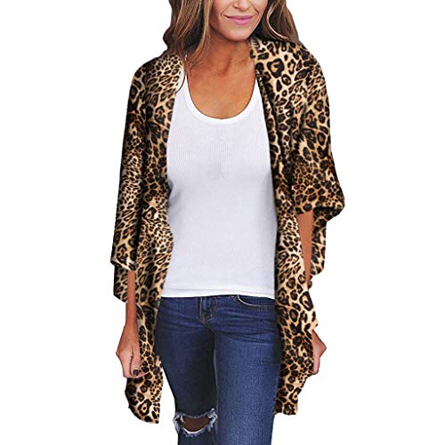 Cardigans Mujer Kimono 2019 Nuevo SHOBDW Pareos Casual Cover Up Bikini Playa de Verano Estampado de Leopardo Suelto Media Manga Chal Cardigans Mujer Tallas Grandes S-XXXL(Marrón 2,3XL)