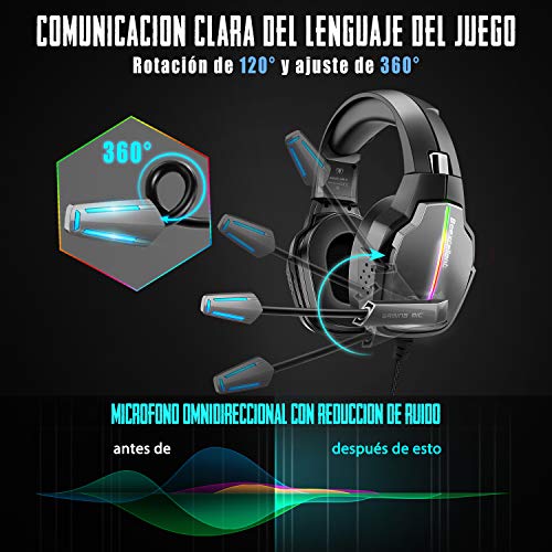 Cascos Gaming PS4, 4 Modos de Iluminación RGB y Orejeras Giratorias de 180°, Auriculares Estéreo Avanzados para Juegos con Micrófono Flexible, Compatibles con PS4/PS5/Xbox One/PC/Switch