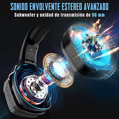 Cascos Gaming PS4, 4 Modos de Iluminación RGB y Orejeras Giratorias de 180°, Auriculares Estéreo Avanzados para Juegos con Micrófono Flexible, Compatibles con PS4/PS5/Xbox One/PC/Switch