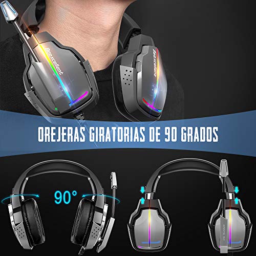 Cascos Gaming PS4, 4 Modos de Iluminación RGB y Orejeras Giratorias de 180°, Auriculares Estéreo Avanzados para Juegos con Micrófono Flexible, Compatibles con PS4/PS5/Xbox One/PC/Switch