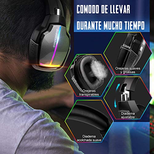 Cascos Gaming PS4, 4 Modos de Iluminación RGB y Orejeras Giratorias de 180°, Auriculares Estéreo Avanzados para Juegos con Micrófono Flexible, Compatibles con PS4/PS5/Xbox One/PC/Switch