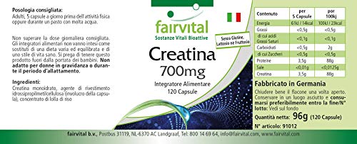 Creatina 700mg - Monohidrato de Creatina - Dosis elevada - 120 Cápsulas - Calidad Alemana