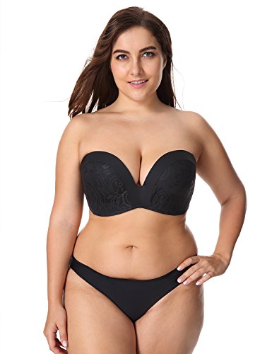 DELIMIRA - Sujetador sin Tirantes Push Up con Relleno de Encaje Negro 100C