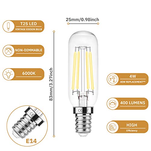 DORESshop E14 T25 LED 4W=40W - Campana extractora, 400LM, bombilla de incandescencia Edison, blanco día 6000K, no regulable, lámpara para electrodomésticos para campana extractora, paquete de 2