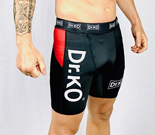 Dr. KO Pantalones mallas cortas térmicas de compresión, Shorts de compresión MMA para lucha, boxeo, artes marciales, Kick Boxing, Muay Thai (Negro y Rojo, M)