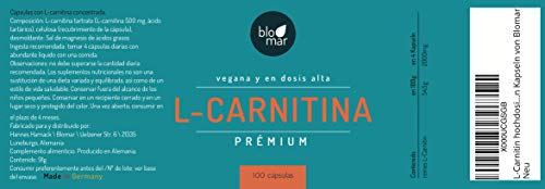 L-carnitina en dosis elevadas - 100 cápsulas - Producido en Alemania - Calidad testada - Deporte, entrenamiento y control de peso - Cápsulas veganas de Blomar