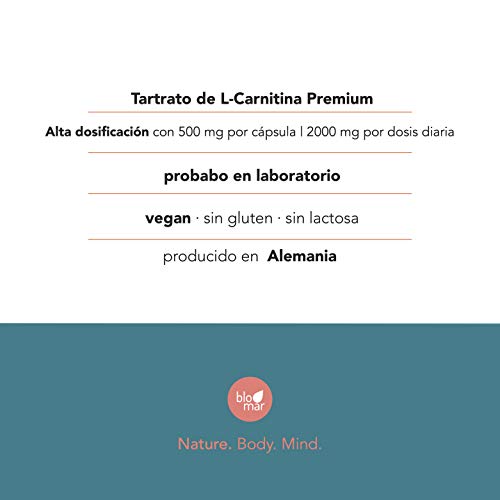 L-carnitina en dosis elevadas - 100 cápsulas - Producido en Alemania - Calidad testada - Deporte, entrenamiento y control de peso - Cápsulas veganas de Blomar