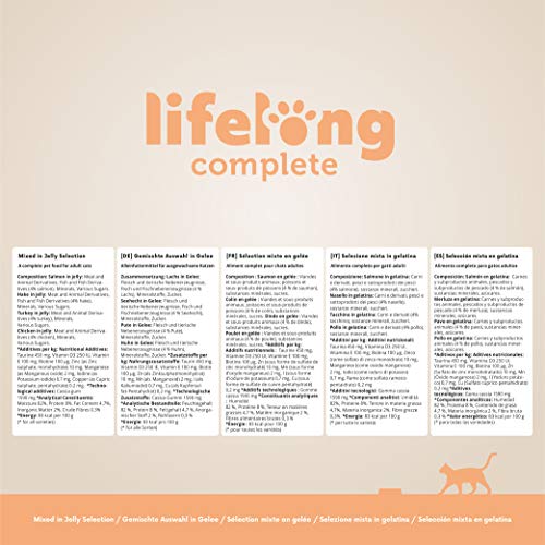 Marca Amazon - Lifelong Alimento completo para gatos adultos - Selección mixta en gelatina, 2,4 kg (24 bolsitas x 100g)