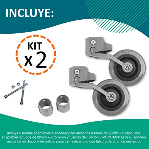 OrtoPrime Kit x2 RUEDAS Andadores Ancianos - Ruedas Traseras Adaptables a Andadores de Adultos - Casquillos Compatibles Tubo de 30mm y 22mm - Freno a la Carga por Presión y Fácil Instalación