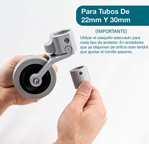 OrtoPrime Kit x2 RUEDAS Andadores Ancianos - Ruedas Traseras Adaptables a Andadores de Adultos - Casquillos Compatibles Tubo de 30mm y 22mm - Freno a la Carga por Presión y Fácil Instalación