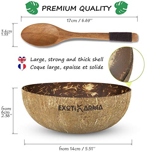 Pack de 2 tazones de coco reciclados + 2 cucharas exóticas de madera, cero desechos, vegano, para un desayuno sano, cereales, ensaladas, helados, smoothie bowls, buda bowls, acaï bowls