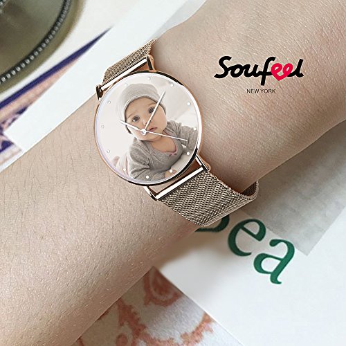 SOUFEEL Reloj Personalizado Foto y Grabado Caracteres Analógico de Cuarzo de Pulsera Malla De Banda Plata Impermeable Ultra-delgada Clásico Regalo para Familia Mujer Novia Bebe Nuevo con Caja Elegante