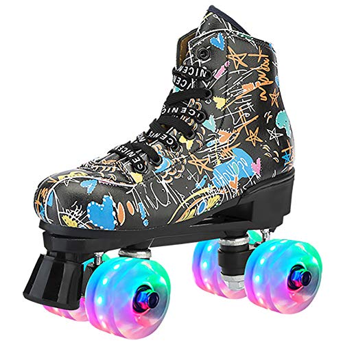 SSDM Patines De Ruedas Classic High-Top para Adultos Patinaje Al Aire Libre Patines De Cuatro Ruedas con Luz Patines De Ruedas Brillantes para Mujeres Y Hombres,Negro,38