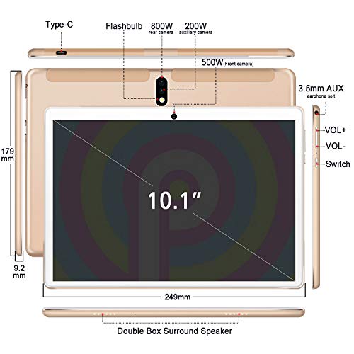 Tablet 10 Pulgadas Android 9 Pie 4G LTE Call 4GB RAM +64GB ROM Tableta- Certificación Google GMS- Quad Core 8000mAh 8MP Ultrar-Rápido Tablets Type-C Dual SIM / WiFi /Bluetooth/ OTG/GPS/Netfilix(Oro)