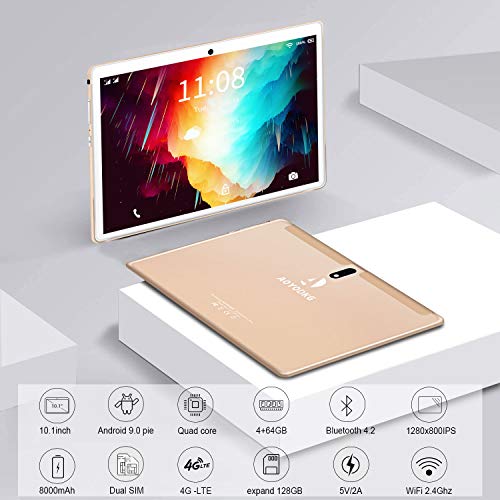 Tablet 10 Pulgadas Android 9 Pie 4G LTE Call 4GB RAM +64GB ROM Tableta- Certificación Google GMS- Quad Core 8000mAh 8MP Ultrar-Rápido Tablets Type-C Dual SIM / WiFi /Bluetooth/ OTG/GPS/Netfilix(Oro)