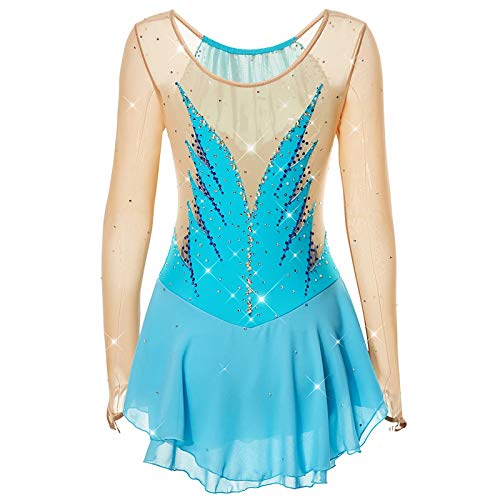 Vestido de patinaje artístico para mujer, manga larga, clásico, transpirable, azul, S