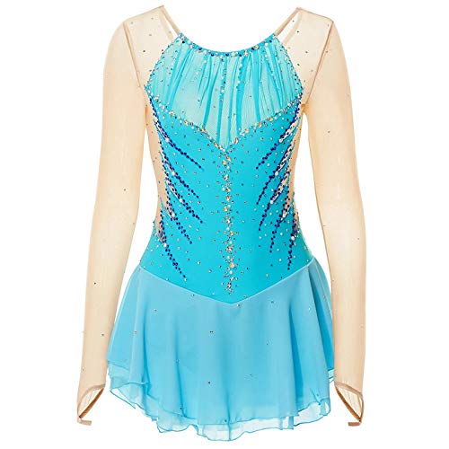 Vestido de patinaje artístico para mujer, manga larga, clásico, transpirable, azul, S