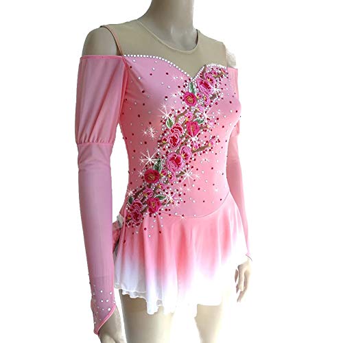 Vestido de Patinaje artístico para niñas, Mujer, Rendimiento, Manga Larga, Ropa de competición, Transpirable, de Alta Elasticidad, cómodo, Hecho a Mano, clásico,Rosado,16